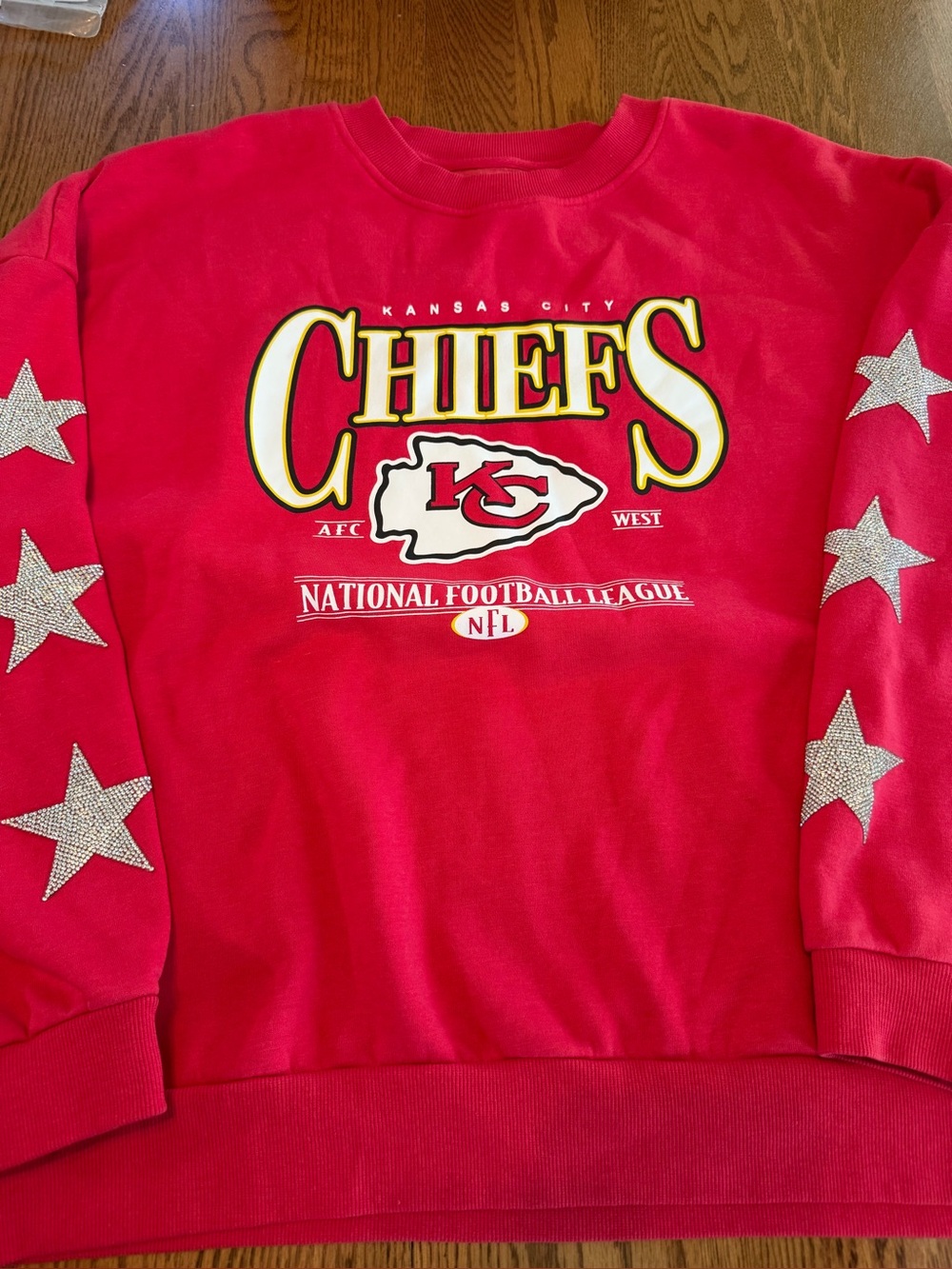 NFL KC Chiefs Crewneck Sweatshirt with Bedazzled Embellished Stars on Sleeve